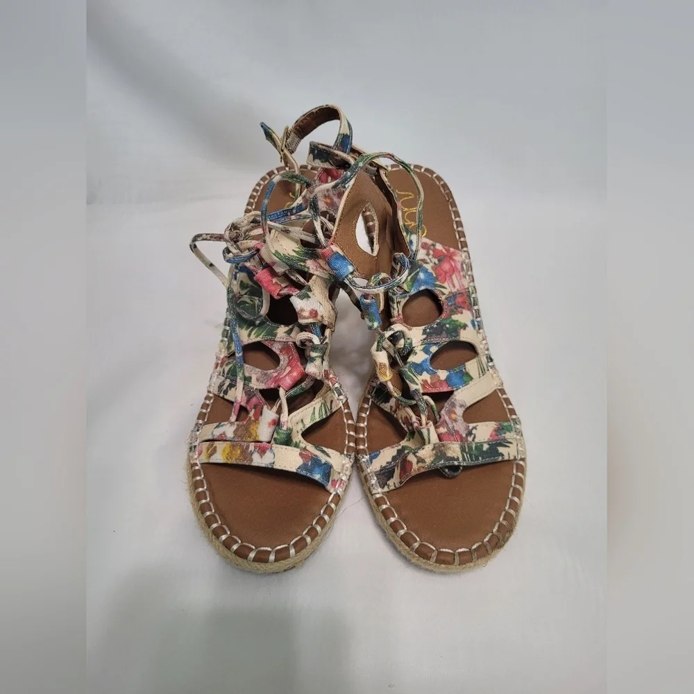 New Sugar Strappy Lace Up High Wedge Espadrille Sandals 9.5